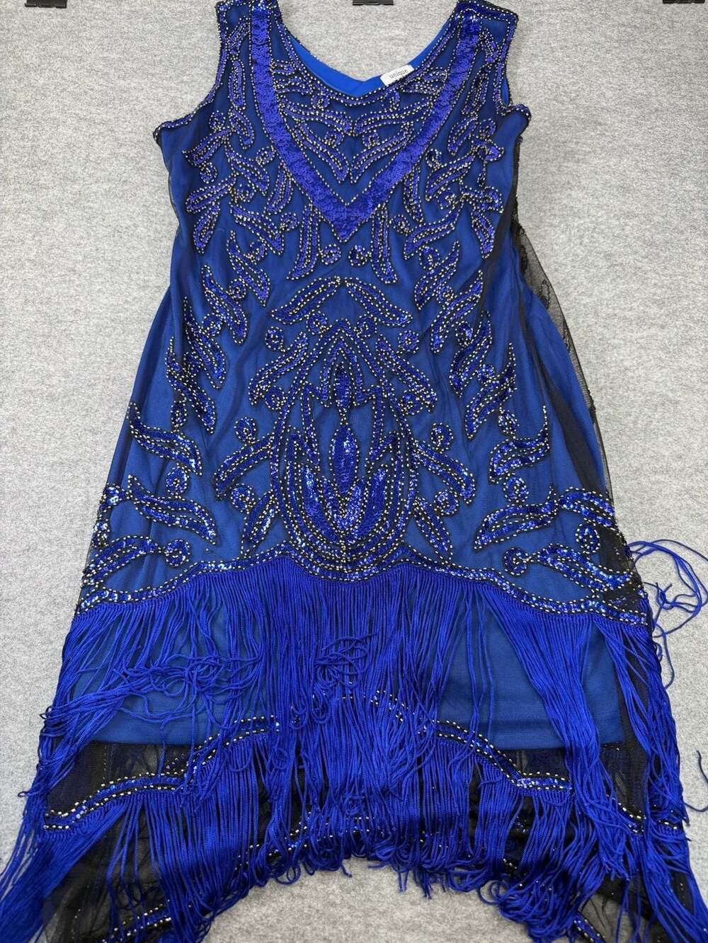 Unique Vintage Blue Sequin Fringe 1920s Flapper Dress Size M